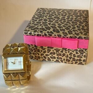 Betsey Johnson Gold Pyramid Stud Watch w/ Original Leopard Box – Needs Battery